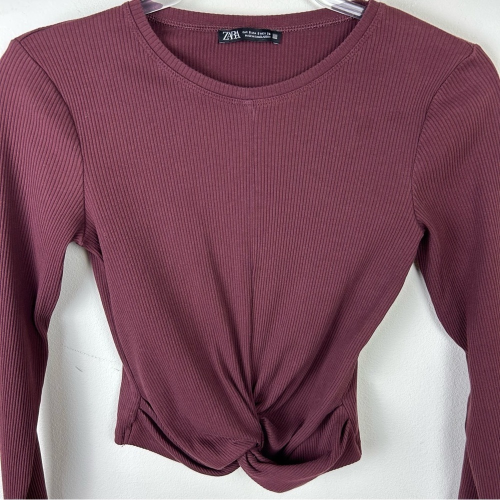 Zara Ribbed burgundy Long sleeve twist front top size: S - Picture 3 of 8